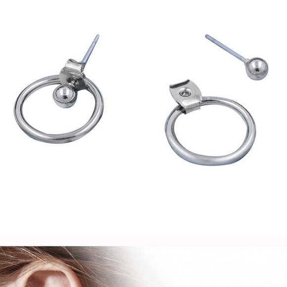 Silver Tone Ball Circle Jacket Stud Earrings - Picture 3 of 4